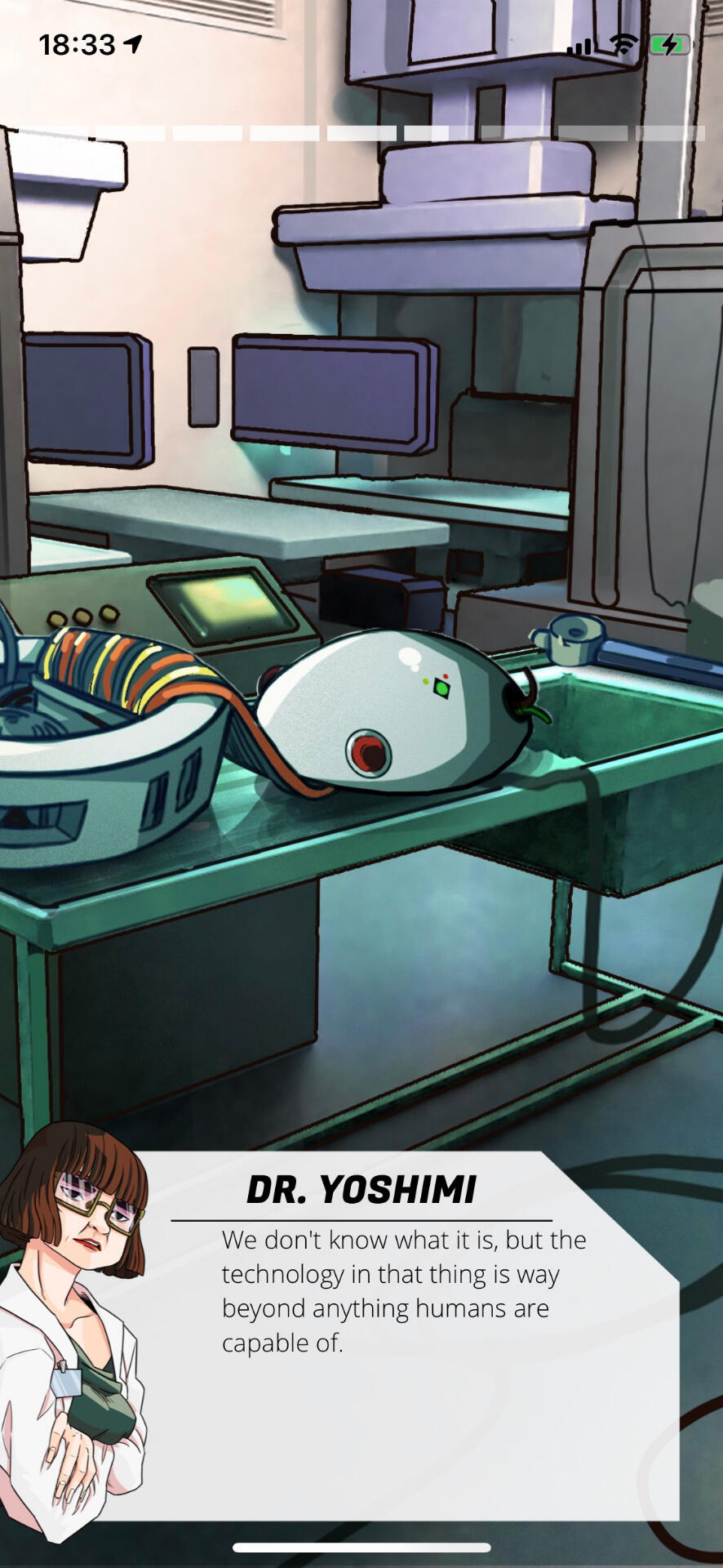 An autopsy table holding the wreckage of the destroyed M.E.K.A.